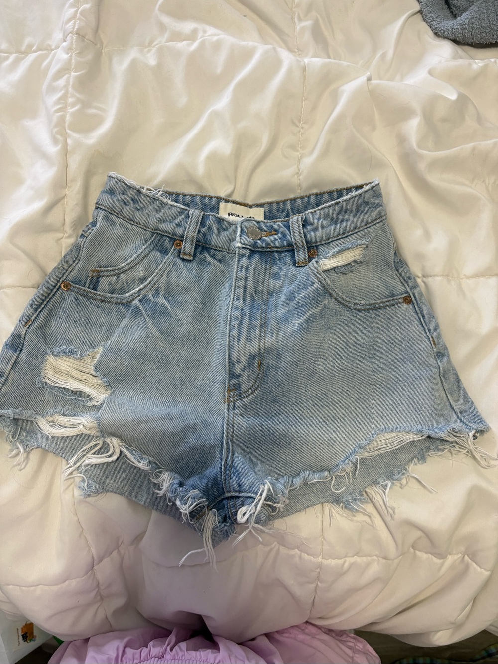 Rollas Light Blue Distressed High-Waist Denim Shorts - Women